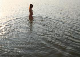 My romantic girlfriend with cute tiny tits loves to swim without any bikini on a lonely beach at sunset. Image 6